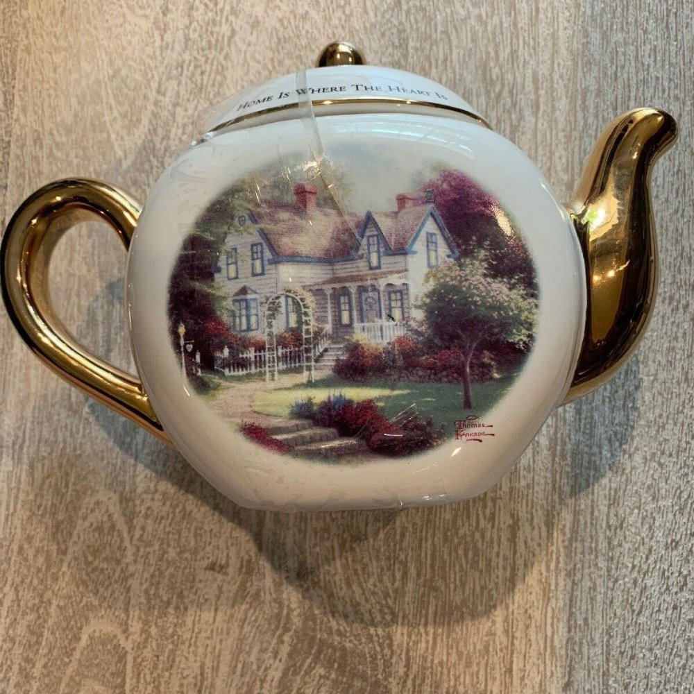 Thomas Kinkade White/Gold Tea Pot Home